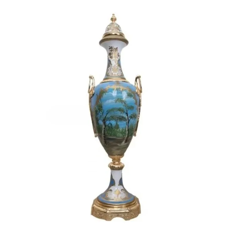 Antique brass and porcelain adorned vases, hand-painted landscapes gorgeous, details vintage-inspired design, luxury