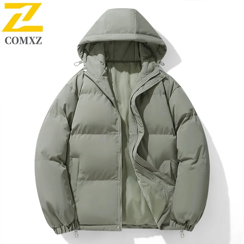 

COMXZ 2025 мужское стеганое пальто, Новое зимнее поступление, свободная однотонная толстая теплая куртка-пуховик с капюшоном для пар 1288 8806