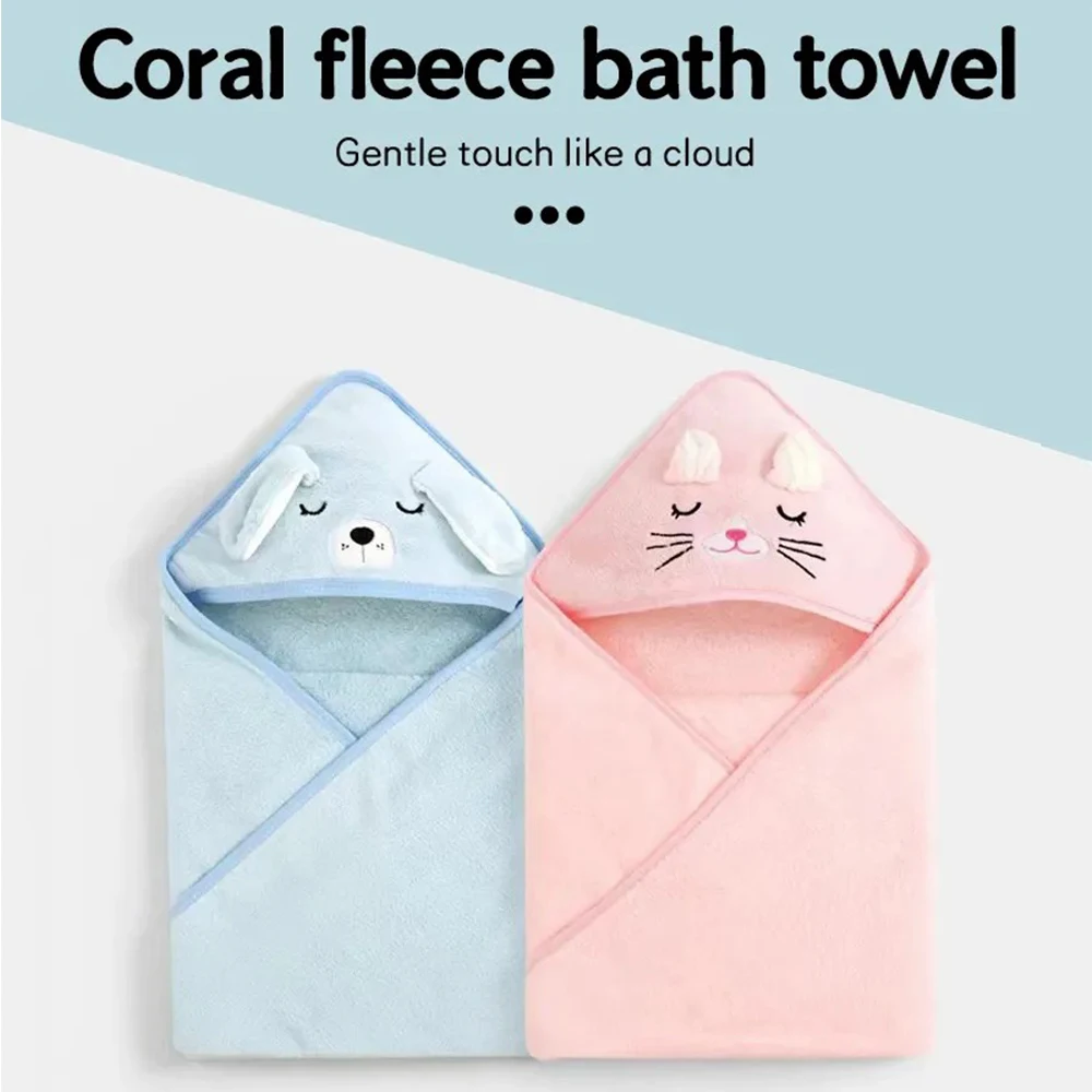 Newborn Kids Bathrobe Solid Color Cartoon Coral Fleece Super Soft 80cm Toddler Baby Hooded Bath Towel Bathrobe Swaddle Blanket