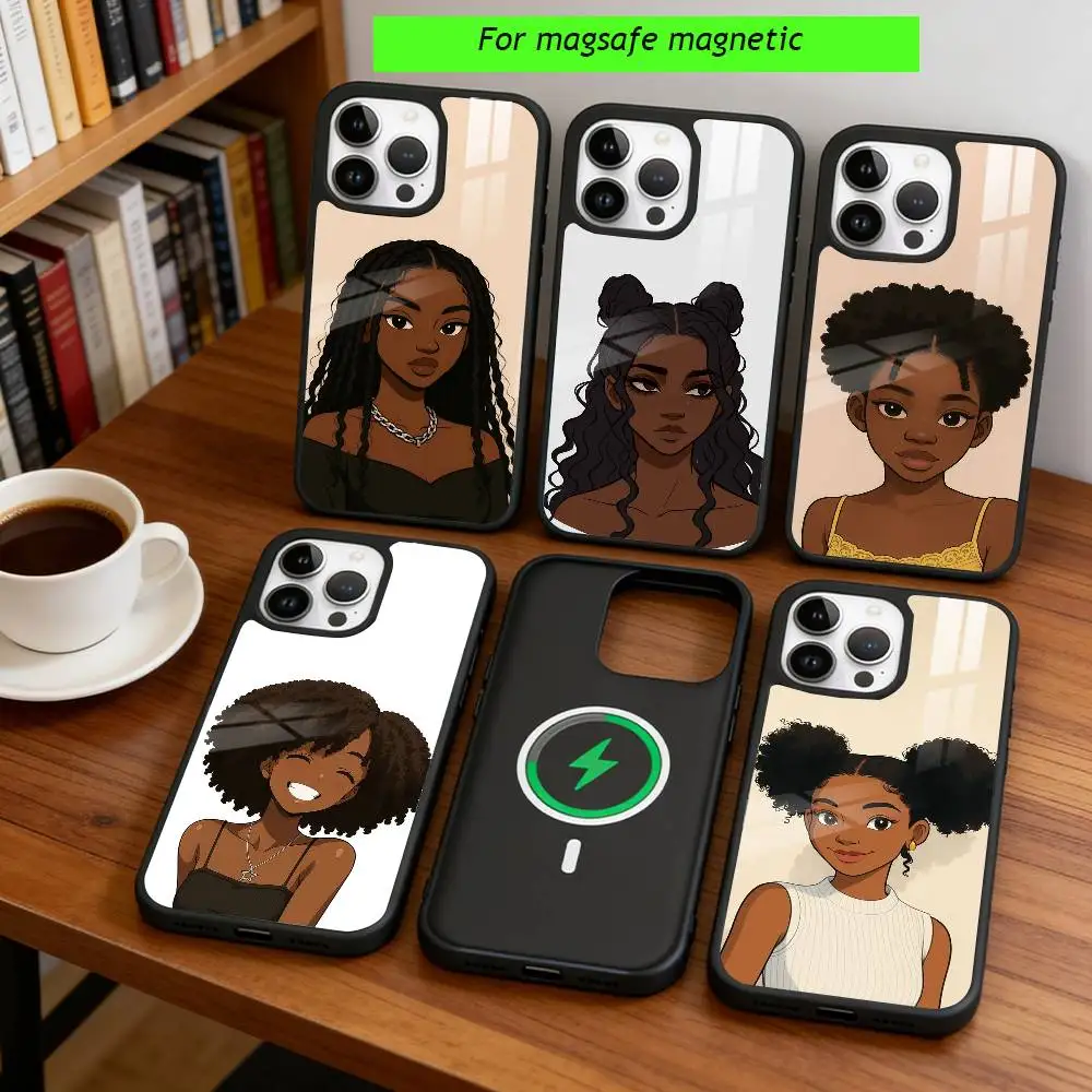 

Cartoon African Black Girl Phone Case For iPhone17,16,15,14,13,12,11 Plus,Pro Magnetic For Magsafe Wireless Charging