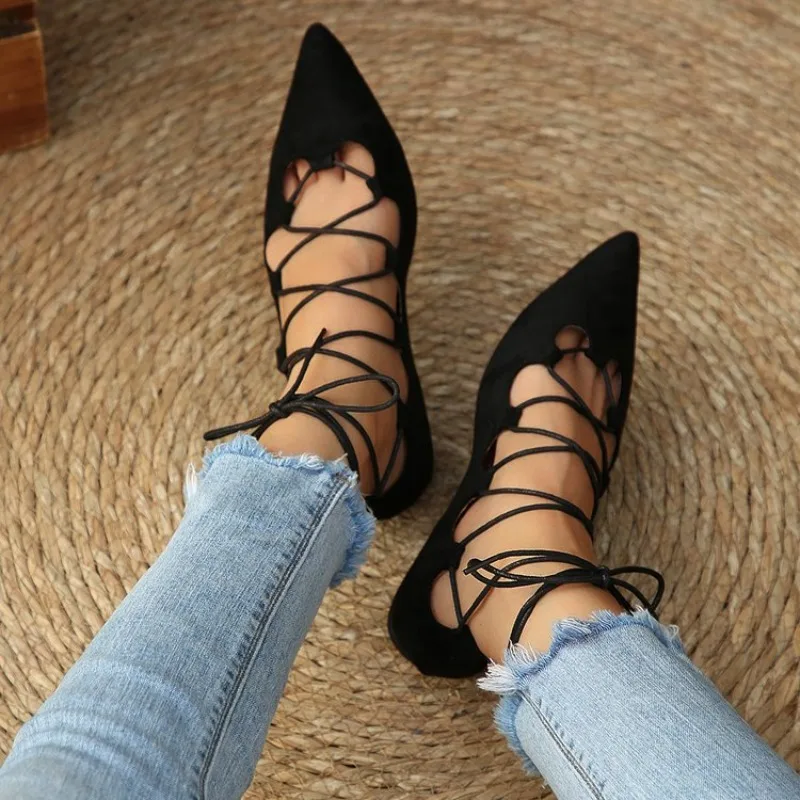 Women Suede Pointed‑Toe Lace‑Up Flat Sandals, Ankle Cross Tie Cutout Hollow‑Out Closed‑Toe Dress Flats
