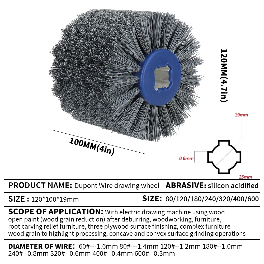 Rueda de pulido de tambor de alambre abrasivo de nailon, cepillo eléctrico para carpintería, herramienta de cepillo metalúrgico, 120x100x19mm