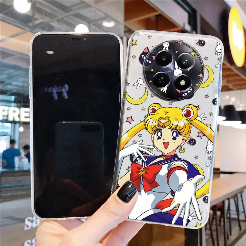 Transparente Limpar Silicone Phone Case, Anime dos desenhos animados, marinheiros, luas, coelho, meninas, gato bonito, Realme 12, 5G, 12x, tampa traseira engraçada