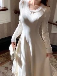 Sweet Irregular Long Knitted Dress Women 2024 Autumn Warm Slim Korean Party Dress Female Fashion Elegant Beach Party Dresses Y2k