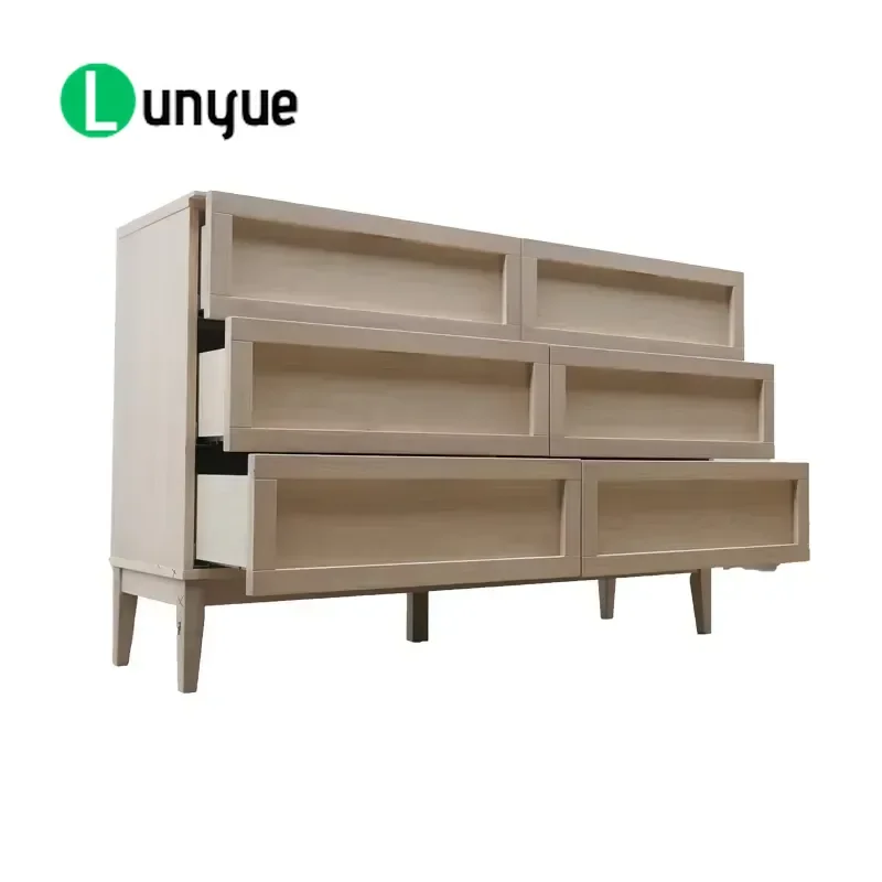 Modern Oak Veneer Sideboard with 6 Soft Closing Drawers Open Shelves Living Room Storage Buffet Cabinet Home Furniture