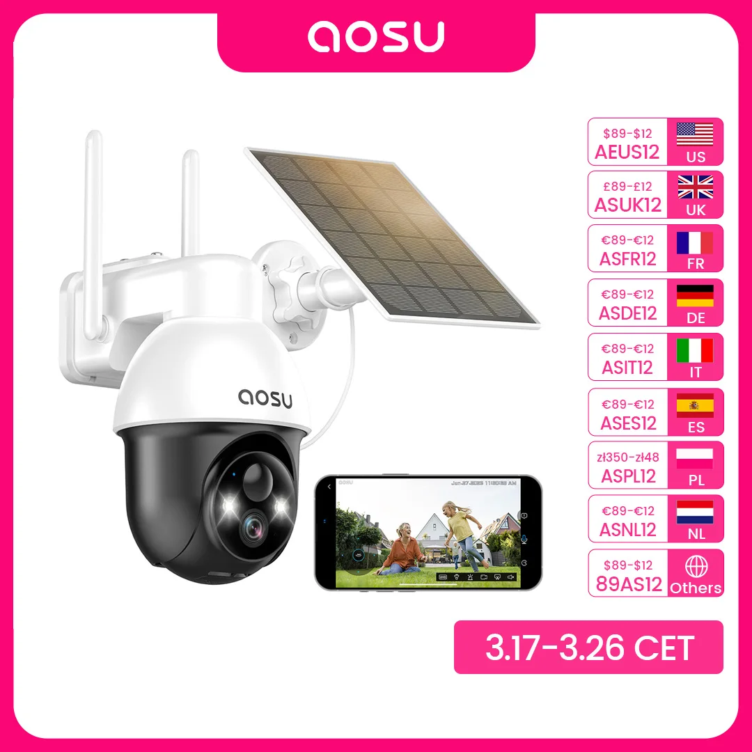 AOSU 3MP PTZ Solar WiFi Camera 5000mAH Battery Wireless Security Camera PIR Detection 2-Way Audio Outdoor CCTV Camera
