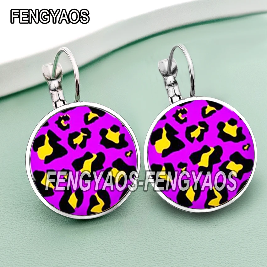 Colorful Leopard Stud Earrings for Women Bright Color Earring Glass Cabochon Summer Hook Ear Jewelry for Girls