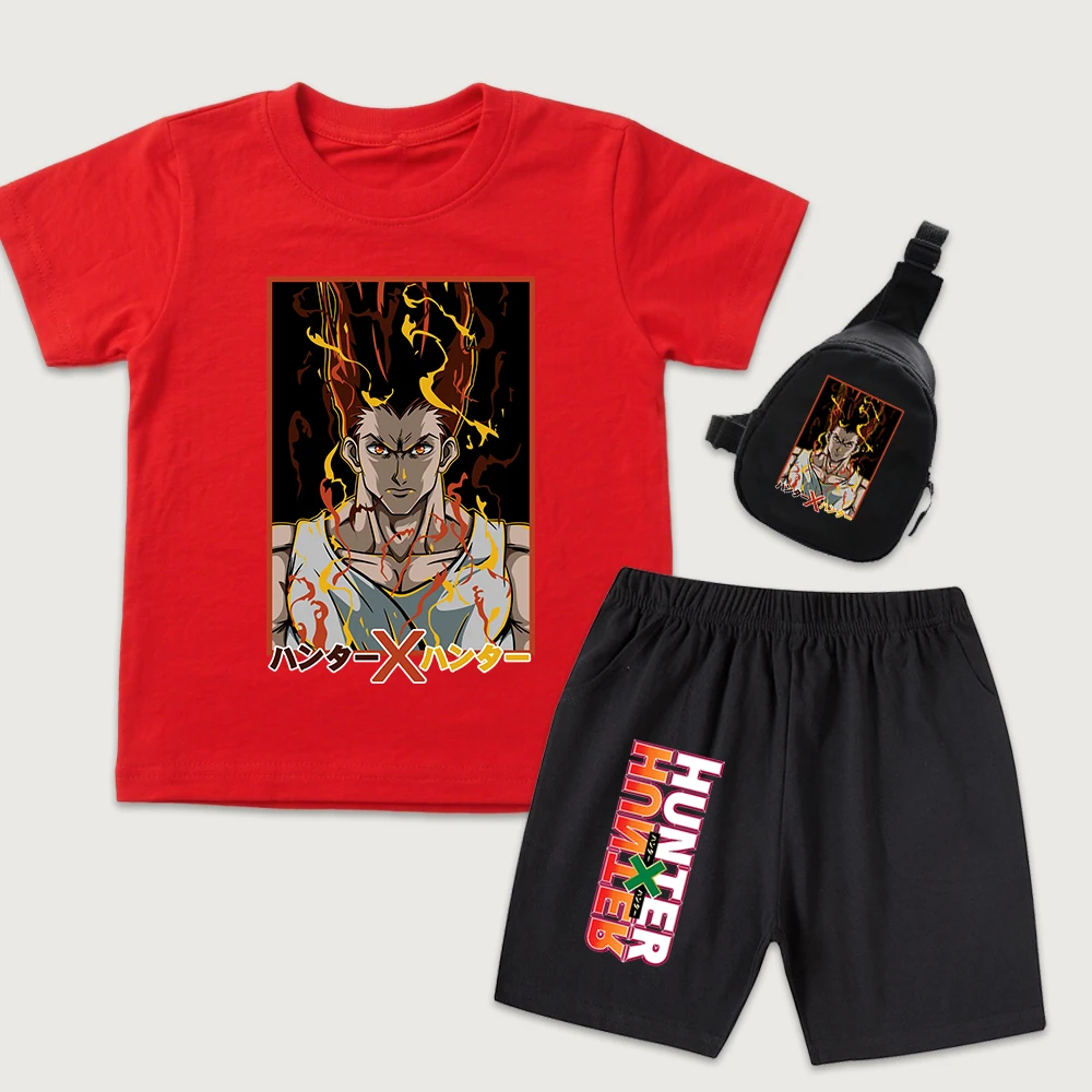Hunter x Hunter Gon Anime Print Kids Cotton T Shirt and Shorts Set with Mini Chest Bag 3 Piece Outfit for Boys Girls Daily Wear