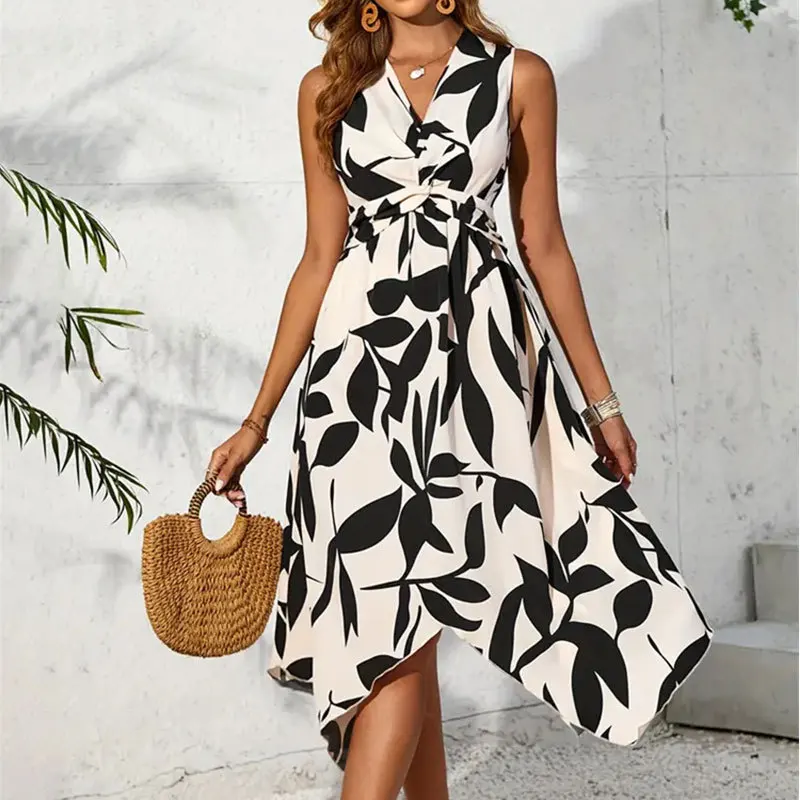 

High Quality Hot Selling Wholesale Long Sleeveless Mid Dress Leaf Print Twisted Irregular Dress Women Design Vestido Streetwear