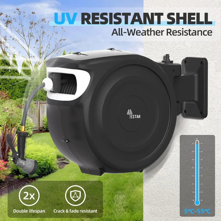 Enrouleur De tuyau d'arrosage rétractable 1 2x130 pieds, enrouleur De tuyau automatique avec buse à 7 motifs pour l'irrigation extérieure murale De