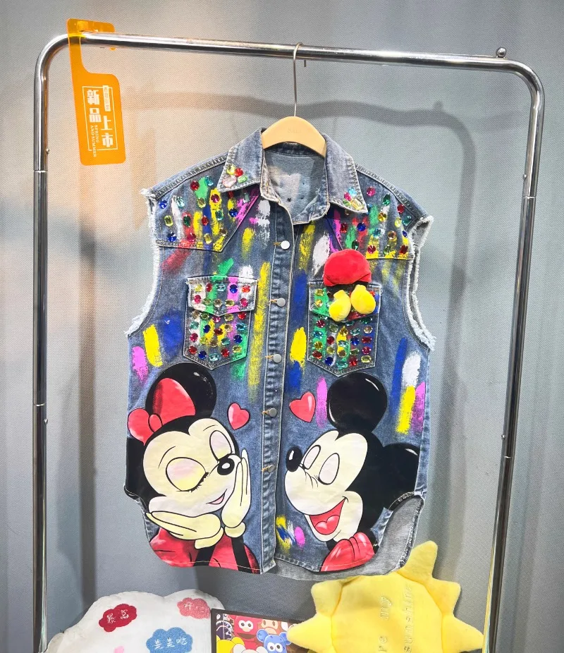 Popular Design Cartoon Beaded Sequins Graffiti Heavy Industry Denim Jacket Medium And Long New Autumn Loose Top Sleeveless Vest