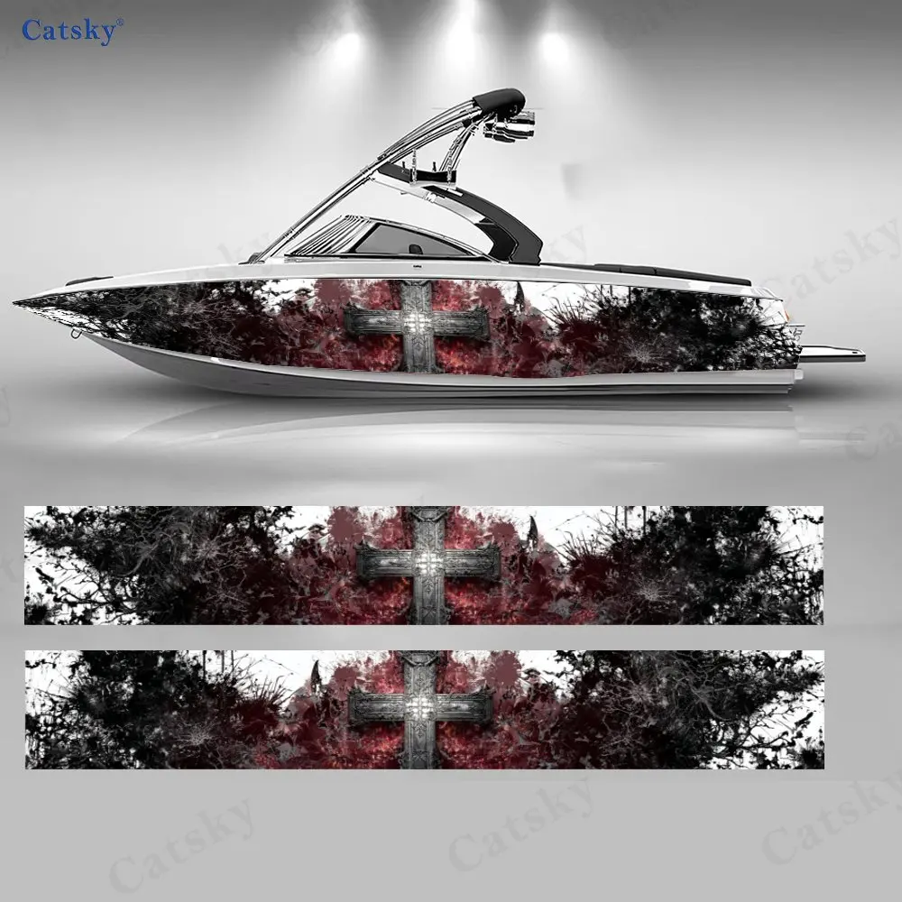 Metal Cross Shatter Boat Stickers, PVC Waterproof Durable Vinyl Wrap Decals for Fishing Boats, Durable and Stylish Design