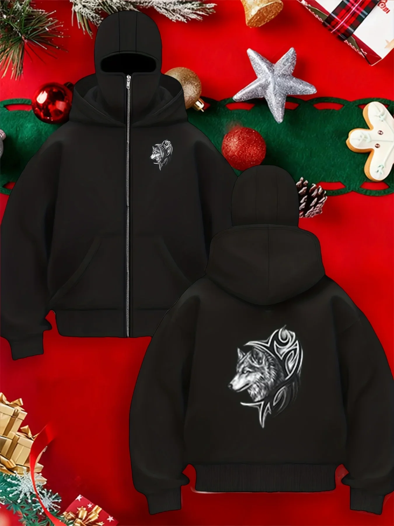 2026 Autumn Men Gothic Harajuku Winter New Item Double Hooded Wolf Printed Sweatshirt Men's Hooded Mask Zipper Sportswear