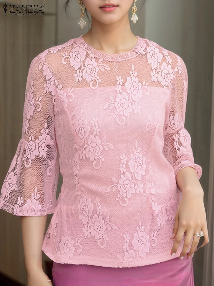 ZANZEA Vintage Lace Blouse Women Casual Loose Tops 2025 Seethrough Shirts Summer Beach Tops V-neck 3/4 Flare Sleeve Blusas