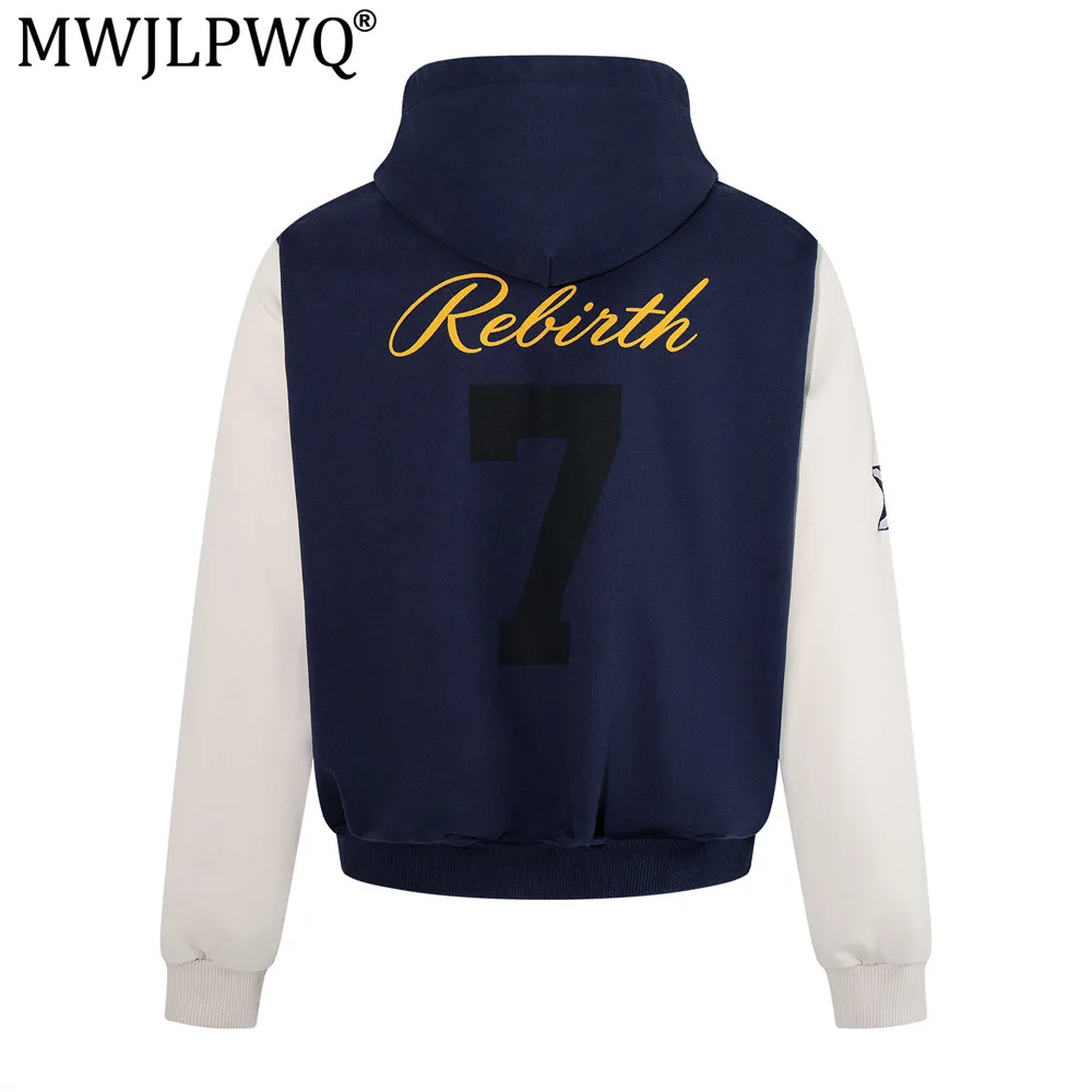 MWJLPWQ Two-Tone Letter Hooded Cardigan Sweatshirt For Men Loose Fit Spring Autumn Trendy Distressed Cut-Out Design Tops 20499