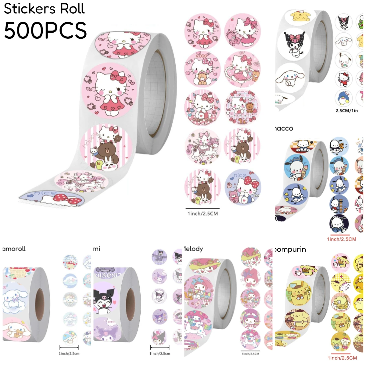 500 szt. Naklejek w rolce z motywem Sanrio, kreatywne naklejki z kreskówkami dla dzieci, materiały do dekoracji pamiętnika, wzory, naklejki do zaklejania.