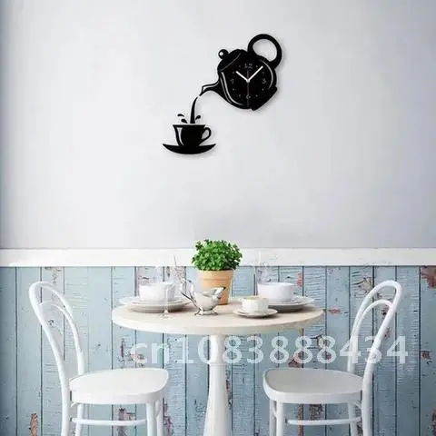 3D DIY Teapot Shape Wall Clock Acrylic Mirror Clock Modern Kitchen Home Decor Wall Sticker Hollow Digital Clock Home Decor