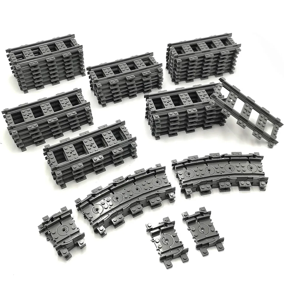 MOC City Train Flexible Tracks Straight Curved Forked Rails Building Blocks Switch Cross Tracks Bricks Railway Toys Accessories