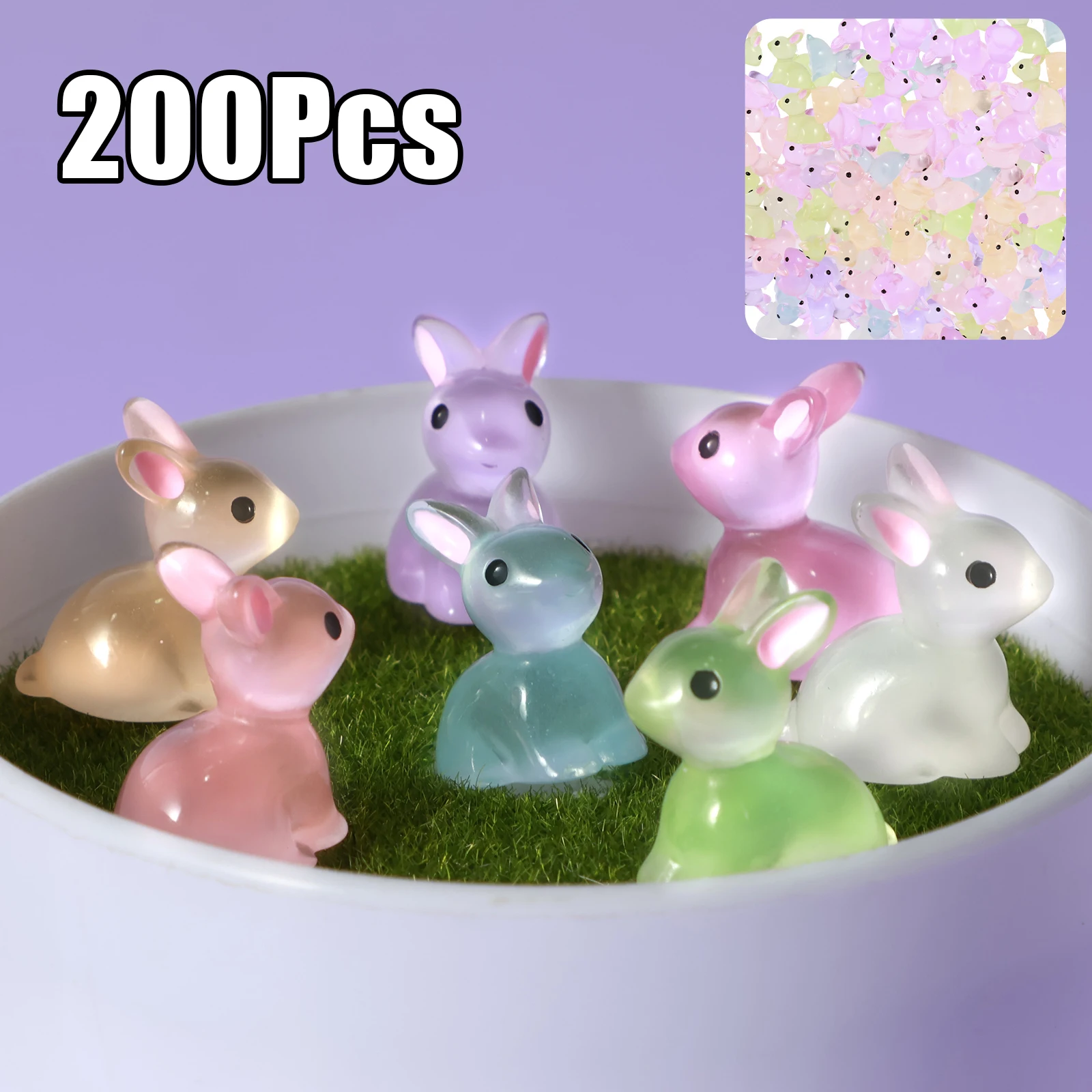 

200Pcs Mini Resin Rabbit Statue Glowing Mini Resin Rabbit 7 Colors Doll Sculpture Luminous Garden Outdoor Yard Decoration