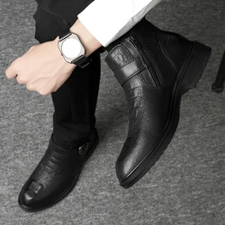 Winter High Quality Leather Boots Thick Sole Leather Chelsea Men Boots Black Business Dress Boots Crocodile Pattern Casual Boots