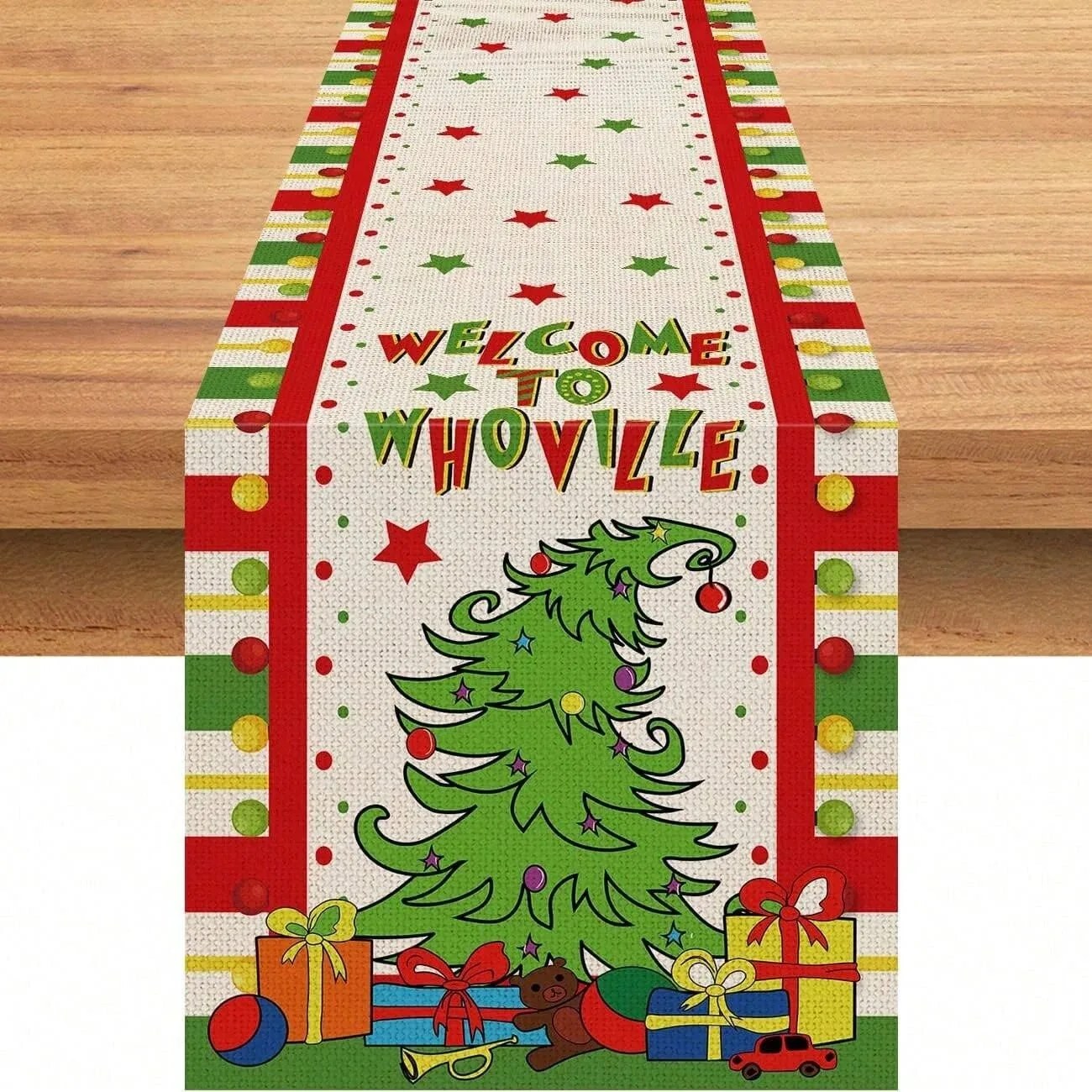 Camino de mesa Grinch con diseño de árbol Whoville, decoración de mesa caprichosa para mesa de comedor, decoración para fiestas navideñas, diseño divertido y duradero