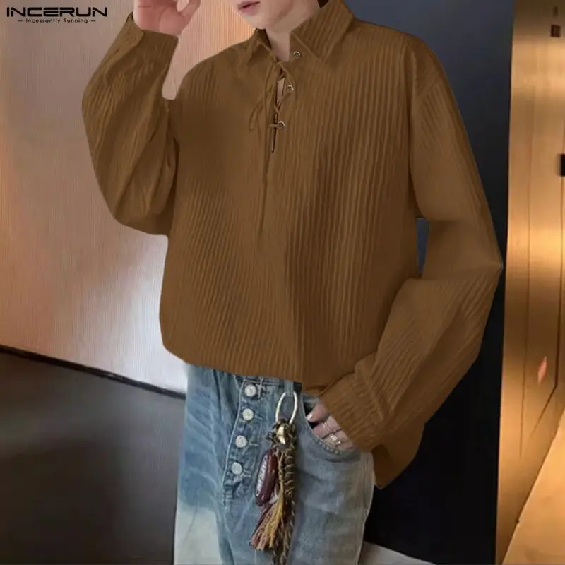 

INCERUN Мужская рубашка Сплошной цвет с лацканами и длинным рукавом на шнуровке Повседневная мужская одежда Уличная одежда Топы Свободные модные рубашки в корейском стиле