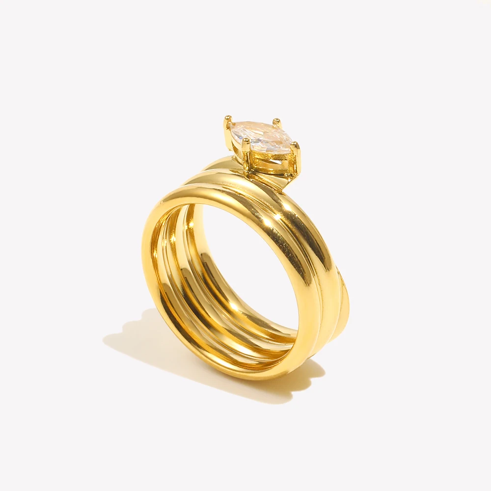 E.B.belle Multi Layer Horse Eye Shape Rhinestone Ring Waterproof Stainless Steel Gold Plated For Women Jewelry Party Dating