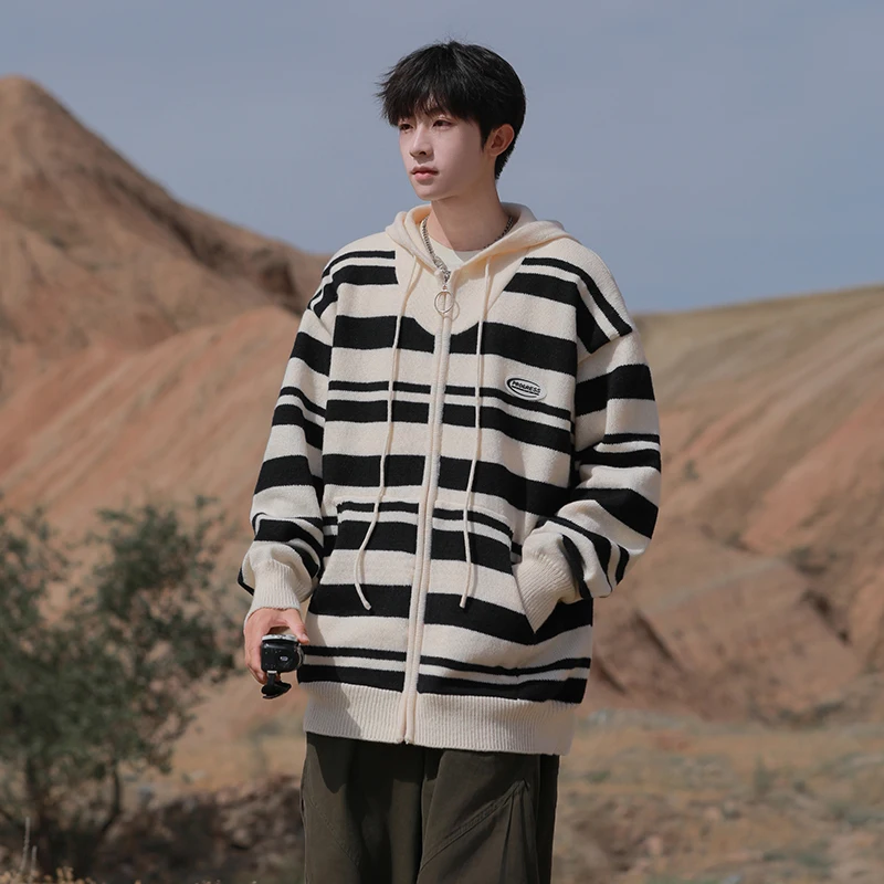 Autumn Winter Men's Striped Sweater Hooded Cardigan Unisex All-match Zipper Jacket Warm Clothes Studient Daliy Knit Jumper