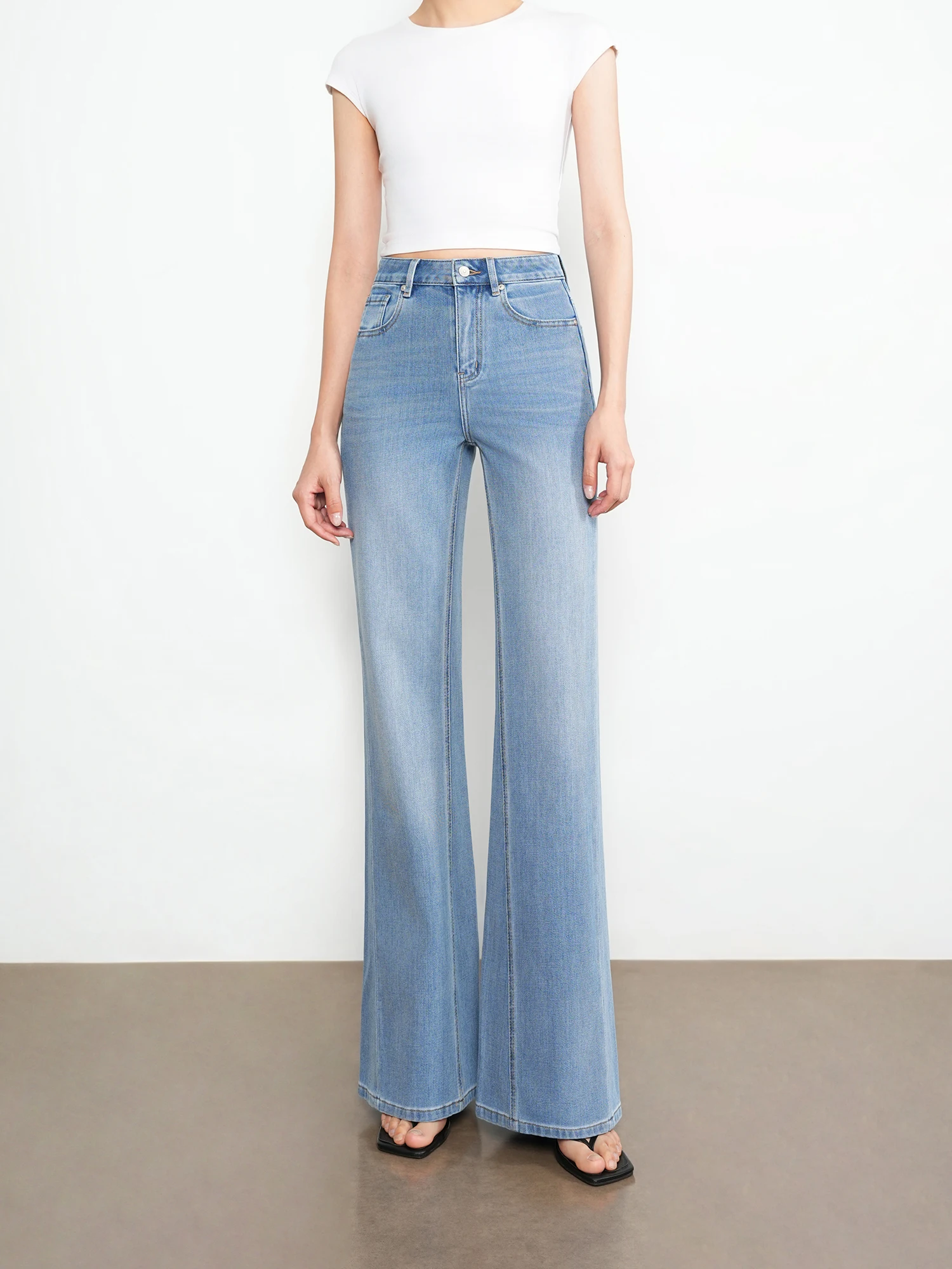 

High Waist Straight Leg Bell Bottom Jeans Women's Loose Slimming Elastic Wide Leg Super Model Pants Casual Cotton Blend