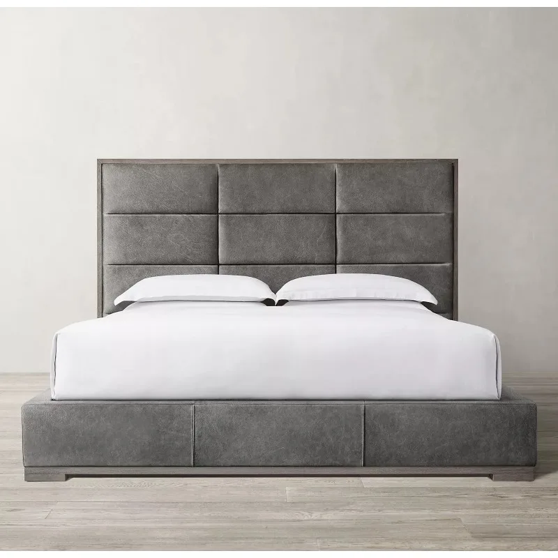 Retro white fabric soft bag bed Italian modern simple full leather double bed