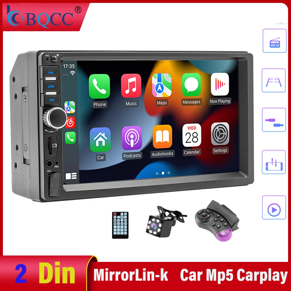BQCC 7'' Car Player MP5 2DIN Android Carplay Mirrorlink with 7 Color Lights Wiring Protection AUX BT TF USB FM Radio