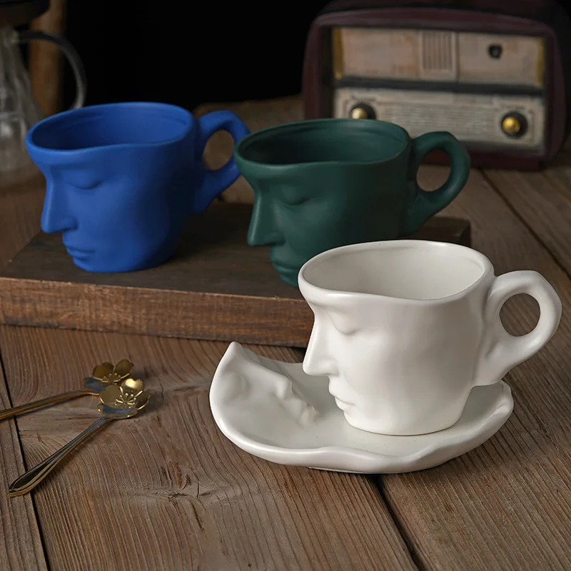 Matte Abstract Human Face Ceramic Coffee Cup Saucer With Spoon Mug Set Creative Birthday Gift Household Afternoon Tea Tableware