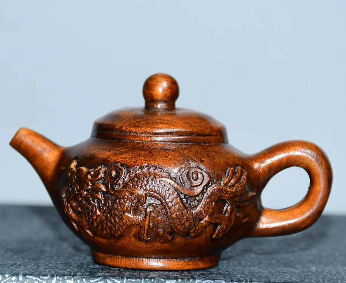 

3"Tibetan Temple Collection Old Boxwood Dragon patterned handle pot Kettle Teapot Magpie standing Ornaments Happy brow