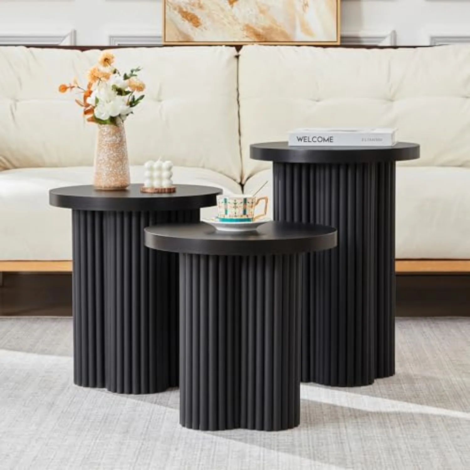 Round Nesting Coffee Table Set of 3, Fluted Coffee Table Mid Century Modern Nesting Tables Boho Wooden Accent End Table