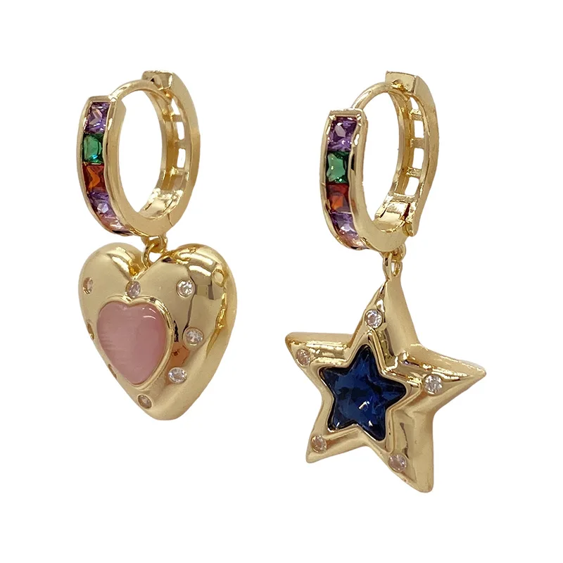 Luxury Chic Shine Metal Star Love Asymmetric Earrings For Women Heart Rhinestone Ear Buckle Gold Color Girls Jewelry