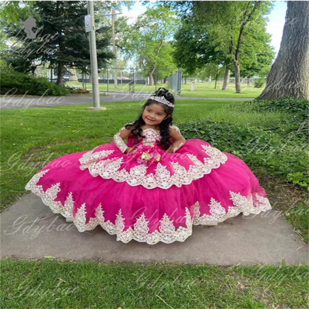 Customized Tulle Tiered Pageant Girls Lace Sleeve Flower Girl Dresses With Train Satin Bow Bespoke Formal Attire Events Wedding