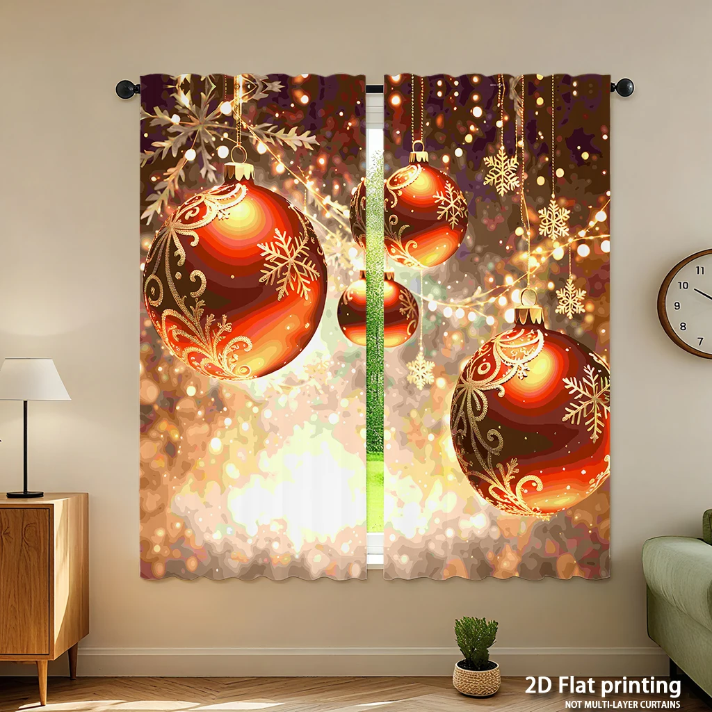 2-piece set of high-definition digital printed curtainsChristmas red golden baubles sparkling backgroundHome decoration style
