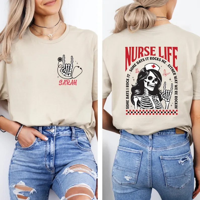 Custom Name Nurse Skeleton T-Shirt Nurse Life Shirt 