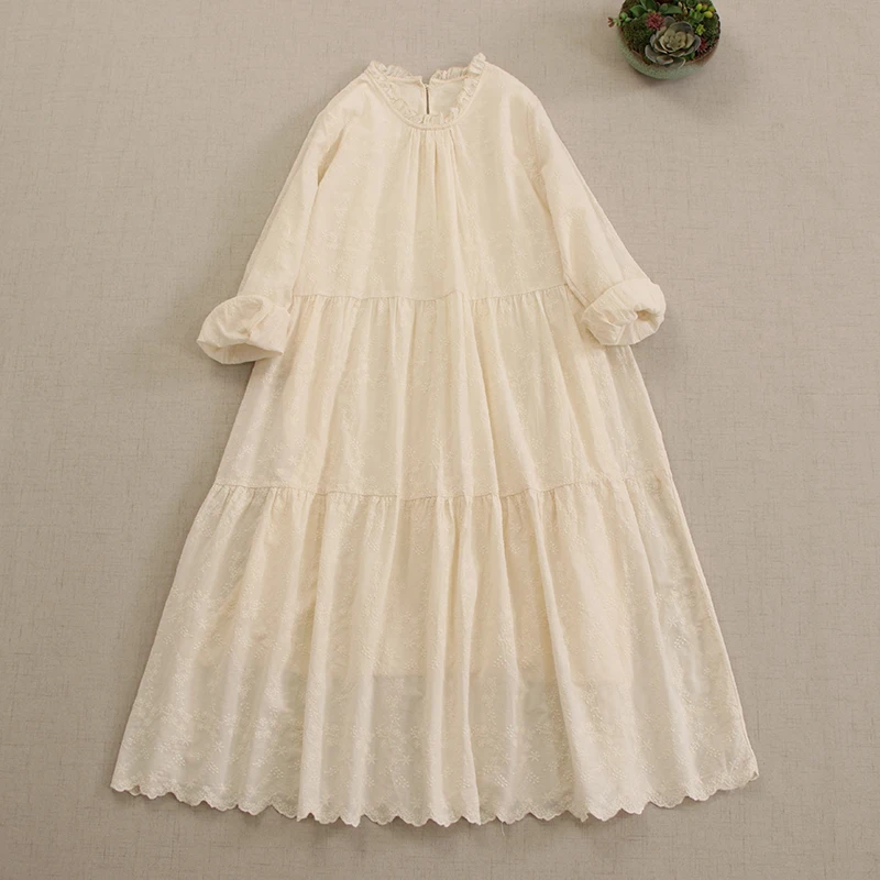Japanese Mori Girl Sweet Lolita Embroidery Loose Dress Women Autumn Stand Collar Long Sleeve Double Layer Casual Midi Dresses