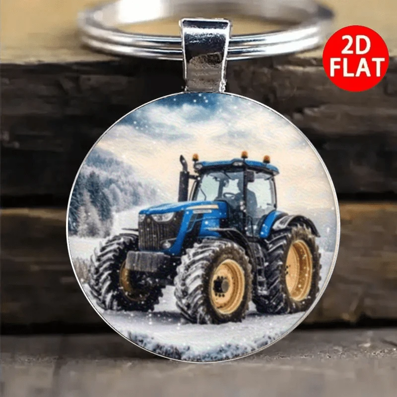 [2D Flat] Acrylic Keychain Featuring a 2D Flat Retro Blue Tractor with a Snowy Backdrop - Includes a Sturdy Alloy Ring