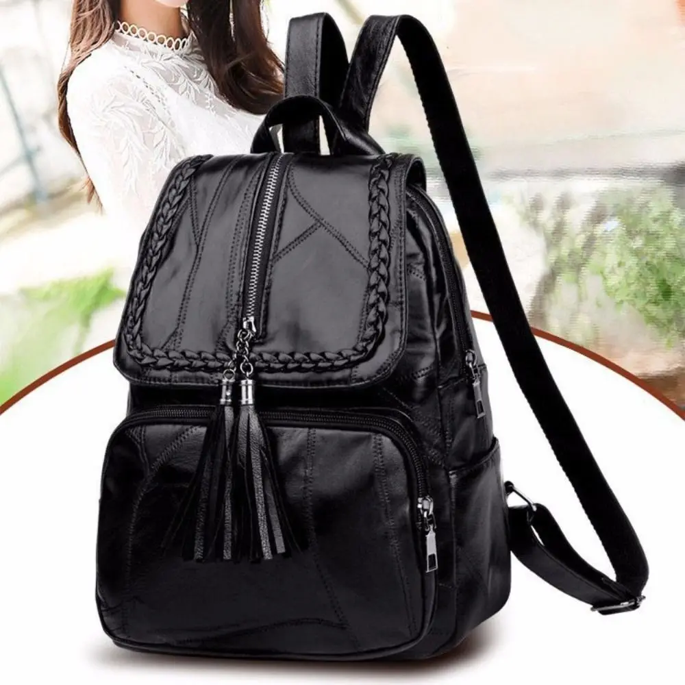 Creative Solid Color PU Leather Backpack Zipper Korean Style Tasse Shoulder Bag Handbag Soft Students School Bag Outdoor