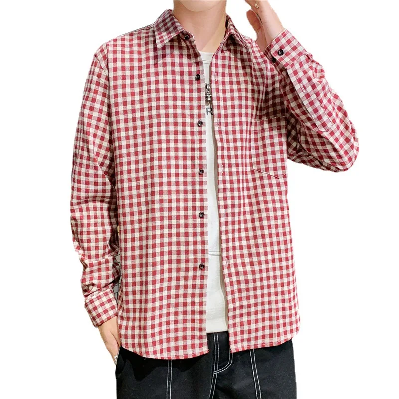 2024 Spring Fashion New Men's Simple Checkered Long sleeved Shirt Korean Edition Fashion Versatile Small Checkered Shirt Street