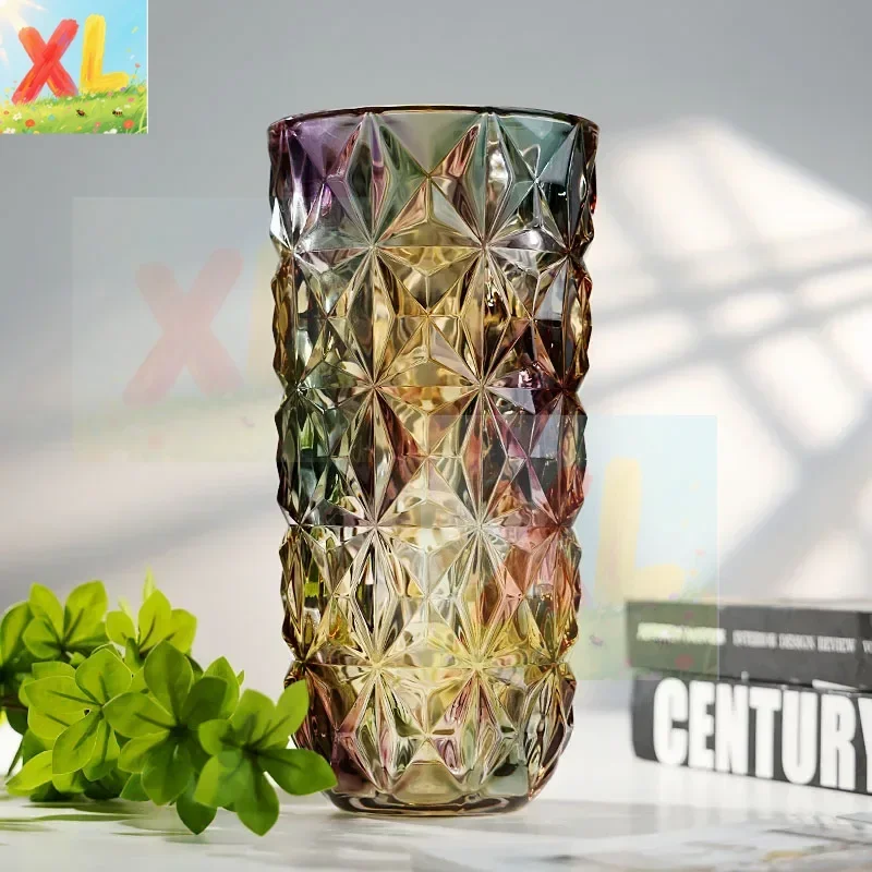 

European retro crystal glass vase for home use, simple straight tube, rich bamboo water raising vase, living room decoration orn