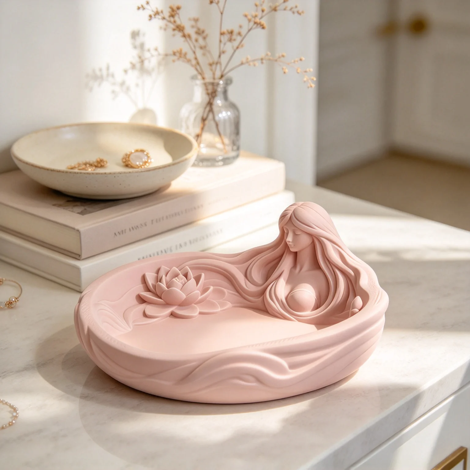 3D Printed Elegant Water Goddess Trinket Dish, Sculpted Mermaid Lotus Jewelry Holder, Home Desktop Decor Storage Plate