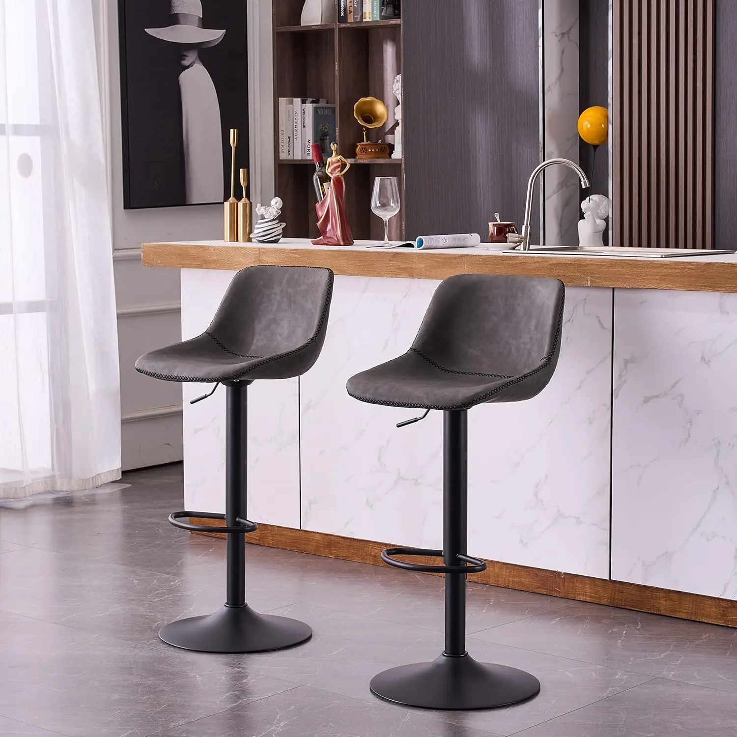 

Metal Bar Stools Set of 2, Adjustable Swivel Counter Height Bar Stools, Retro PU Leather Padded High Bar Chairs (Grey)