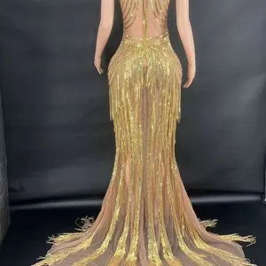 Sexy Mesh Pailletten Quaste Quaste Kleid, durchweg durch Fransen, Geburtstagsfeier, Hochzeitsleistung, lateinische Pole Danz, Drag Queen Clothes, Mode 6 Hauptverkäufe Drag Queen Clothing - №4