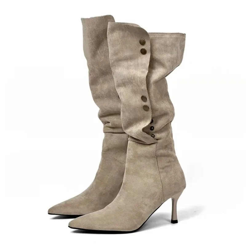 Autumn Winter Women Knee-high Boots 22-25cm Stretch Flannel Pointed Toe Side Zipper Rivet High Heel Pile Up Boots Long Boots