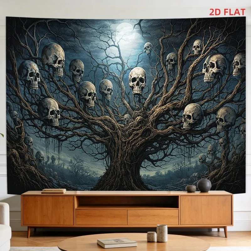 VIKAMA Skull Dead Tree Tapestry, Horror Skeleton Tree Full Moon Dark Forest Wall Hanging, Gothic Halloween Art Wall Cloth Decor