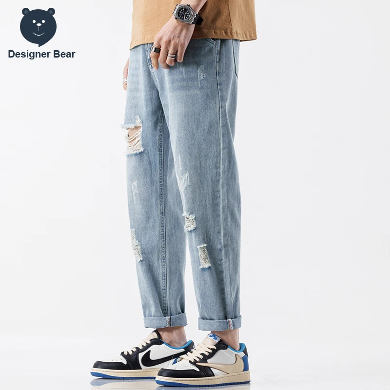 High Street Ripped Hole Men's Harlan Jeans Baggy Distressed Ankle Length Denim Pants Tapered Trousers Streetwear Spring Summer