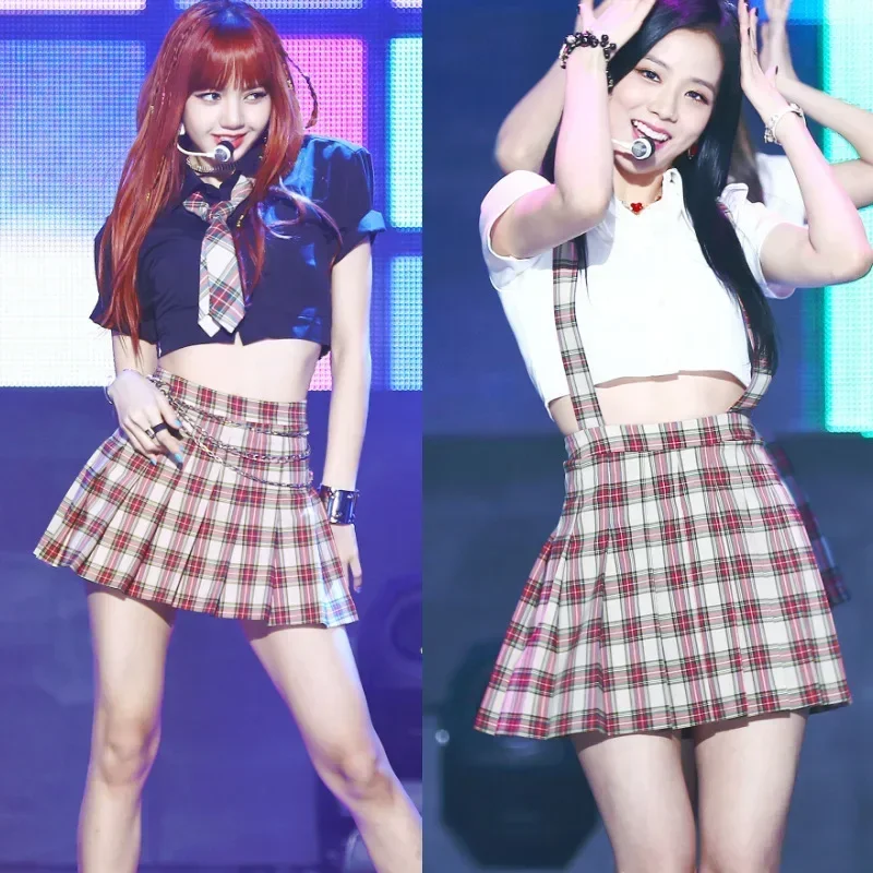 

Kpop корейская девушка группа женские джазовые костюмы белые клетчатые рубашки укороченные топы короткие юбки сценическая сексуальная одежда фестивальные рейв-наряды